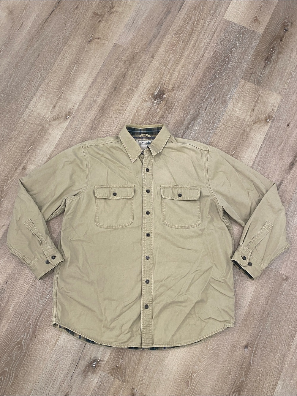 LL Bean Large Flannel Lined Work Shirt Tan Plaid Cotton Twill Button Down Heavy